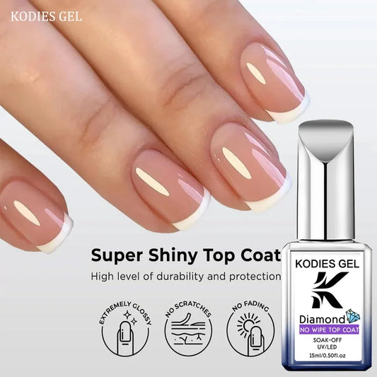 KODIES GEL Diamond Top Coat No Wipe Super Shiny 15ml HEMA /TPO Free Gel Nail Polish Crystal Shine Gel Finish All for Manicure Tri Light Beauty