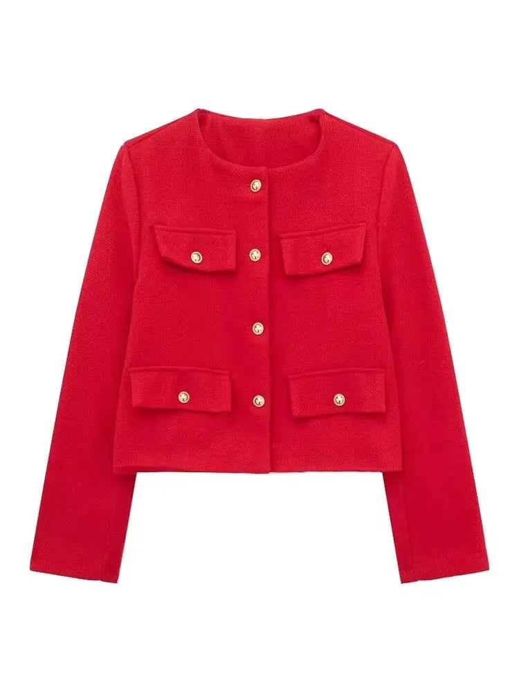 HH Women Vintage Solid Coat Button Long Sleeve O Neck Jacket With Pocket 2024 Spring Elegant Female Casual Outerwear Jakcet LadyShow.Store