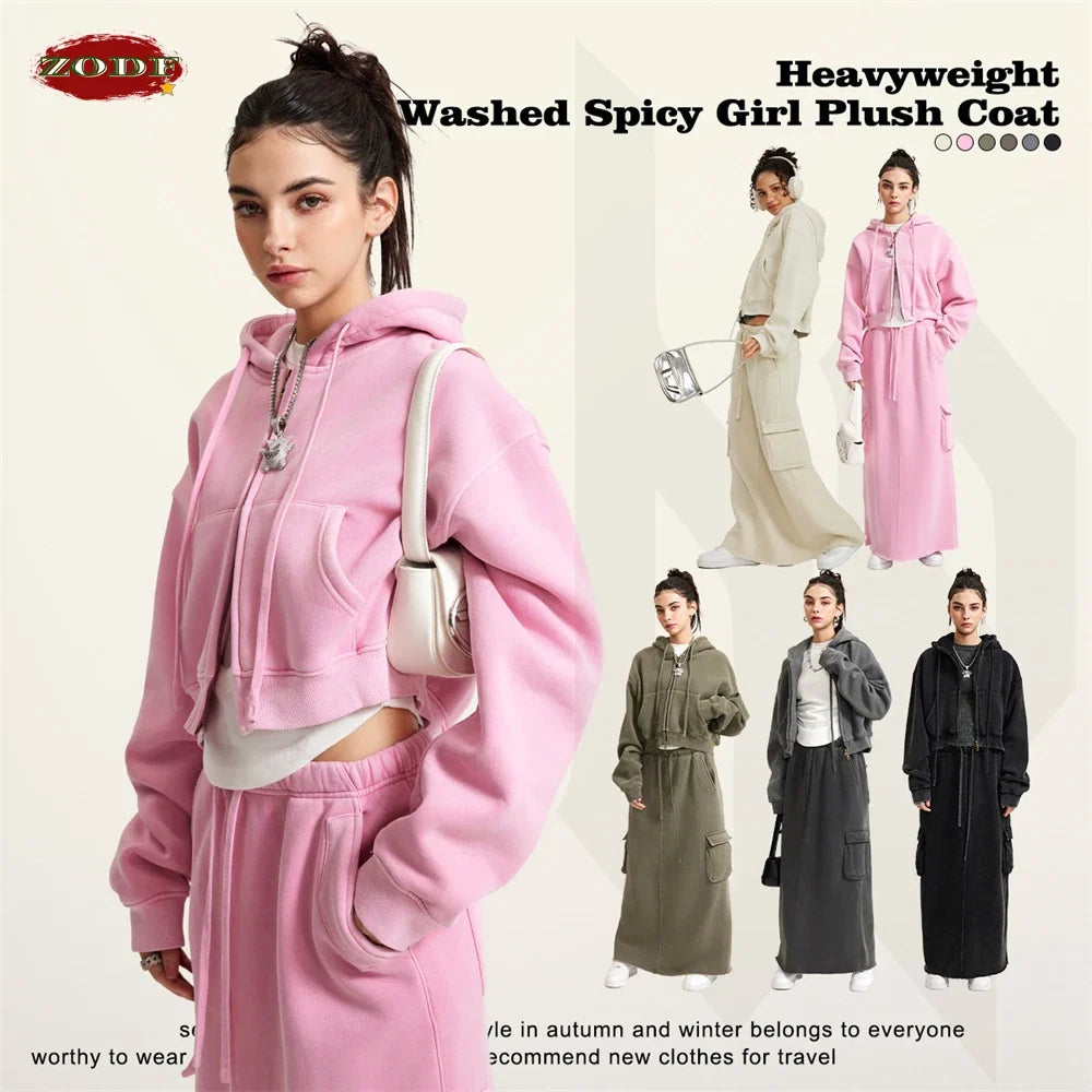 ZODF Retro 2025 Winter Women Short Zipper Hoodies Female Girls Loose 355gsm Thick Fleece Hooded Zip-up Coat Streetwears HY0448 LadyShow.Store