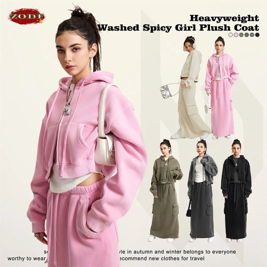 ZODF Retro 2025 Winter Women Short Zipper Hoodies Female Girls Loose 355gsm Thick Fleece Hooded Zip-up Coat Streetwears HY0448 LadyShow.Store