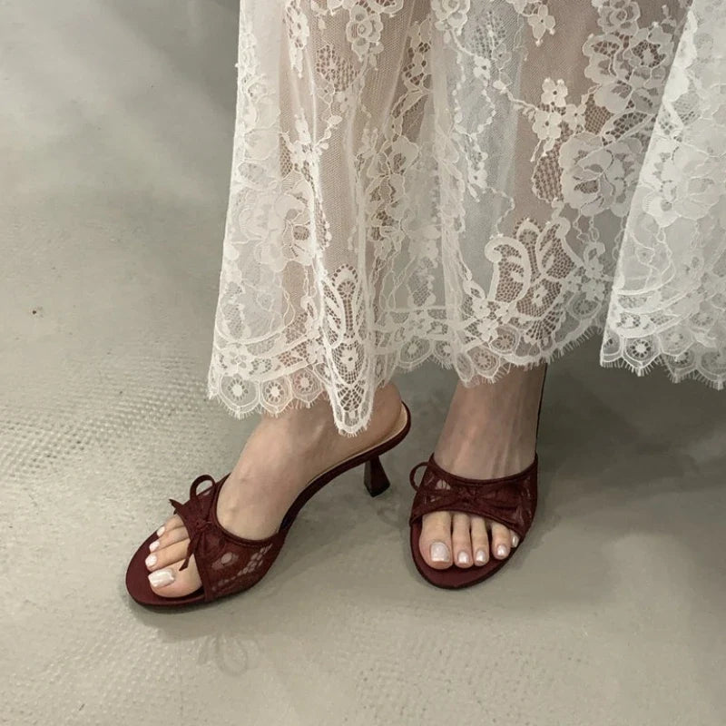 Summer Women Net Butterfly-knot Slippers Fashion Cover Pointed Toe Slip On Mules Shoes Thin High Heel Ladies Elegant Slides Pump LadyShow.Store