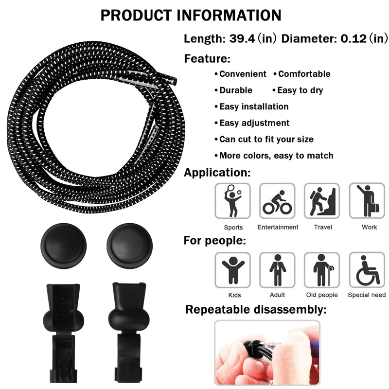 1Pair Shoelaces for Sneaker Elastic No Tie Shoe Laces Stretching Lock Lazy Laces Quick Rubber Shoelace Round Shoestrings Pi-Mart