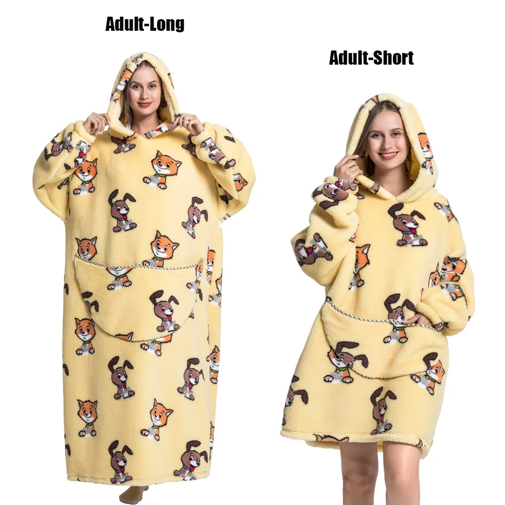 Women Plush Fleece Blanket Men Warm Thick Hoodies Adult Giant TV Blanlets with Sleeves Super Long Cold-proof Homewear Pajamas Pi-Mart
