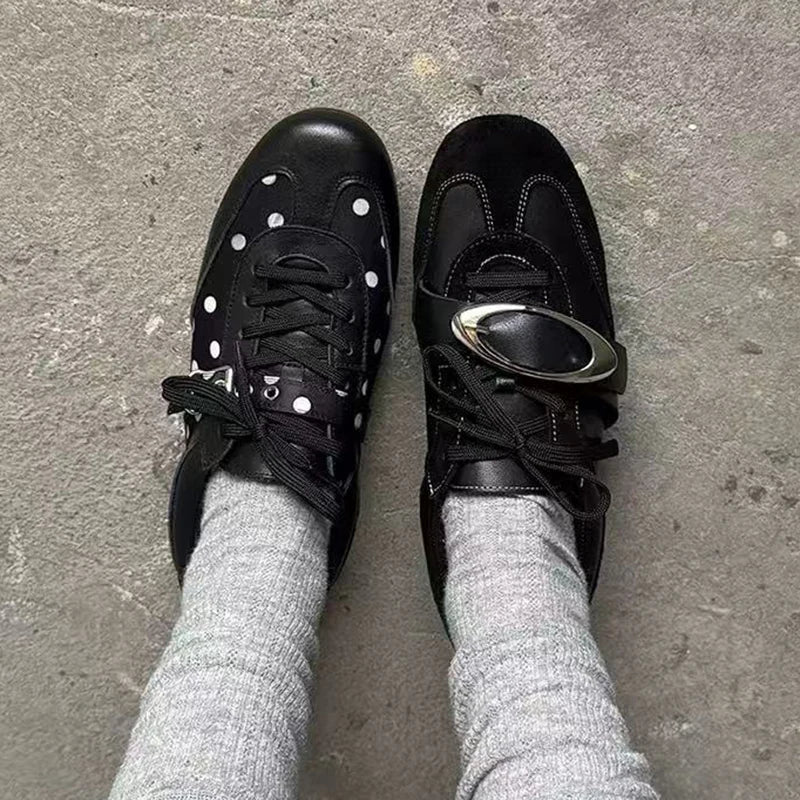 Korean Style Black Polka Dot Sneakers Women Spring 2026 Luxury Metal Decoration Designer Vulcanize Shoes Woman's Sports Shoes Pi-Mart