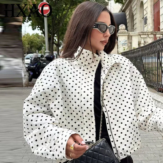 HXAO Polka Dot Bomber Jacket Women's Jackets Demi-Season Oversized Long Sleeve Top Outerwear Aviator Plus Size Zip Up Crop Coats LadyShow.Store