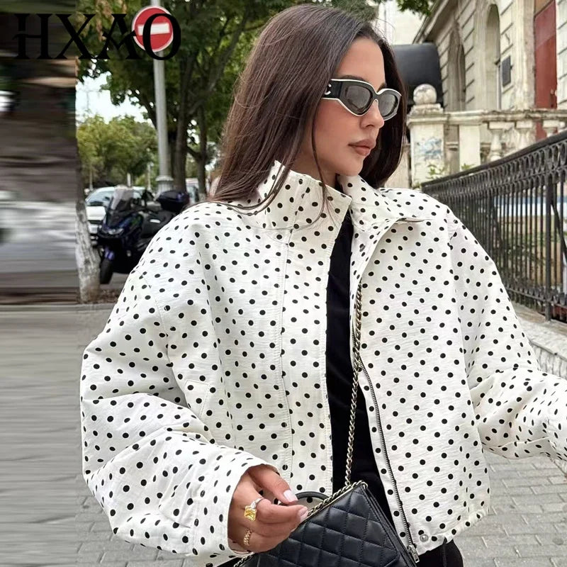 HXAO Polka Dot Bomber Jacket Women's Jackets Demi-Season Oversized Long Sleeve Top Outerwear Aviator Plus Size Zip Up Crop Coats LadyShow.Store