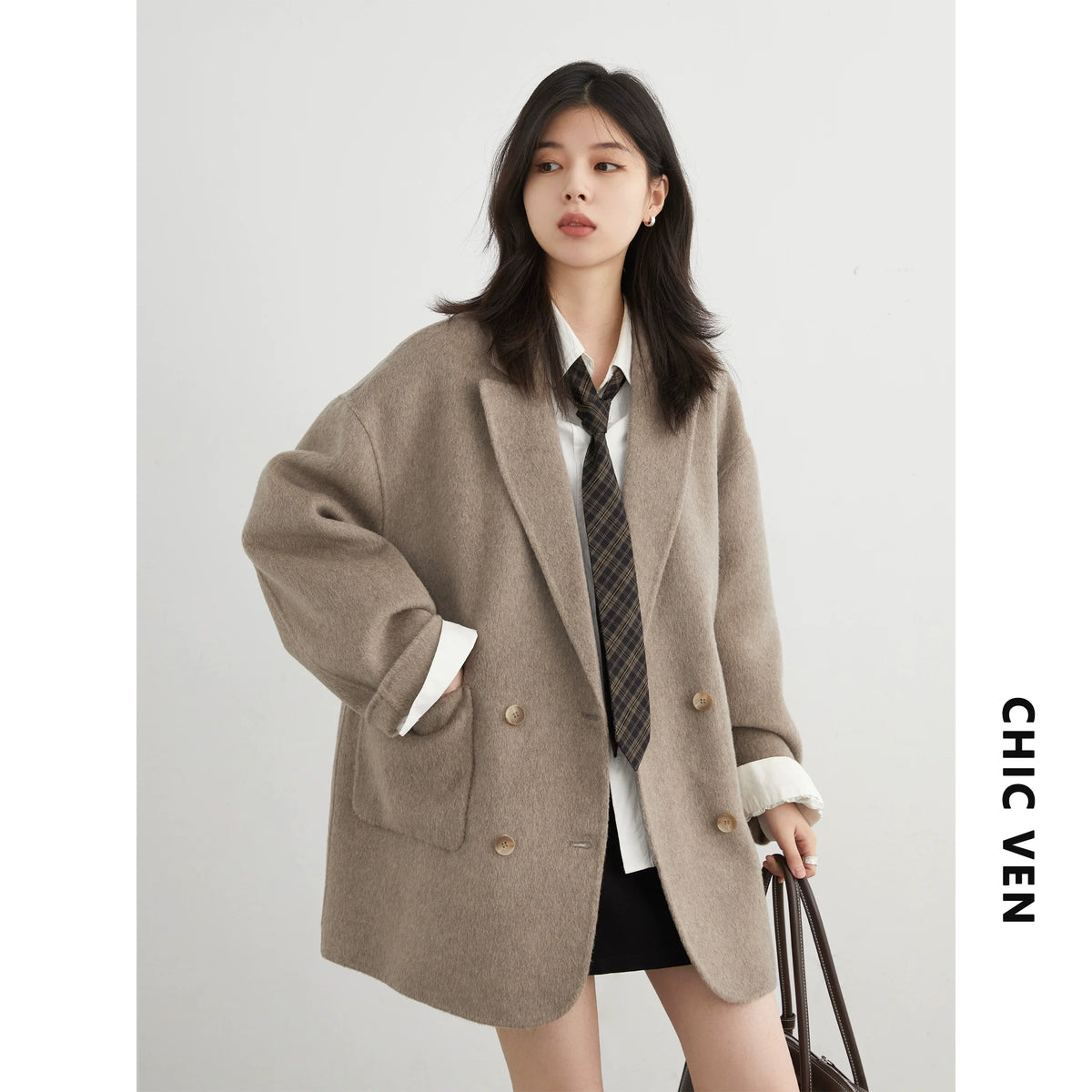 CHIC VEN New Women Woolen Coat Loose Solid Mid-length Double-sided Oversized Office Ladies Jackets Outerwear Autumn Winter 2026 Pi-Mart