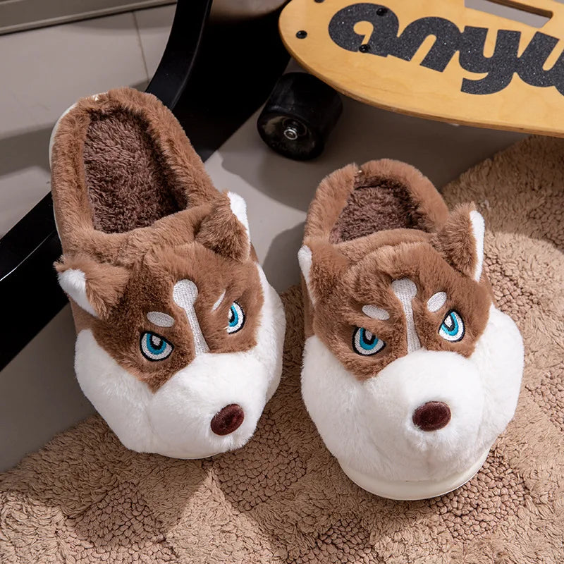 Plus Size 50 Indoor Fluffy Slippers For Women Men Winter Warm Shoes Cute Cartoon Dog Light Weight Couples Home Floor Slipper LadyShow.Store
