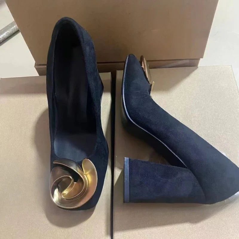 Vintage Elegant Women's Pumps Black Suede Leather Square Toe Block Heel, Gold Metal Flower Buckle Office Party Dress Shoes LadyShow.Store