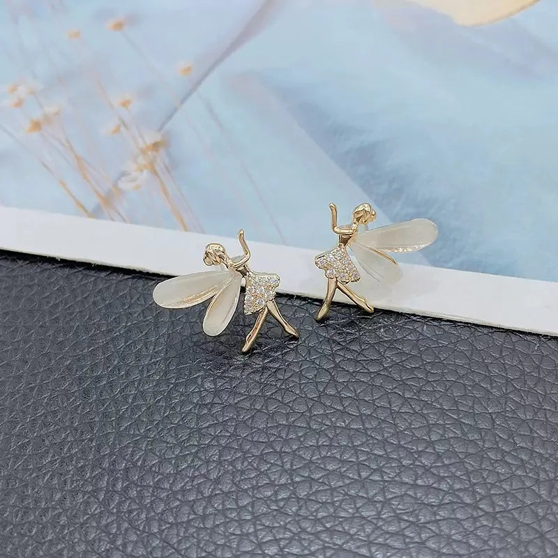 Trendy Girl Dancer Stud Earrings Crystal Acrylic Wings Angle Earrings for Women Korean Cute Sweet Jewelry Pi-Mart