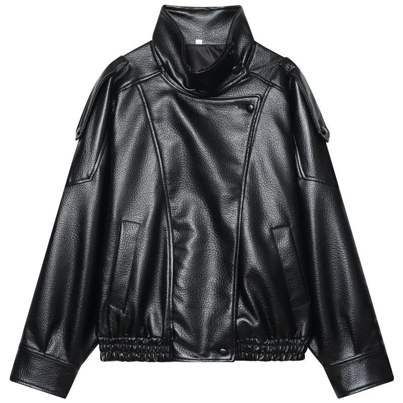 HXAO Faux Leather Black Jackets For Woman New Arrival Cropped Oversize Bomber Jacket Zip-Up Long Sleeve Coats Motorcycle Jackets LadyShow.Store
