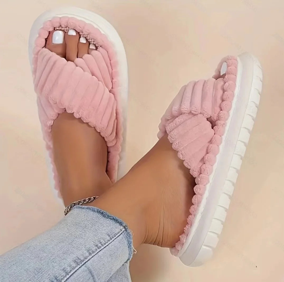 2024 Autumn Winter New Women Home Slippers Open-Toe Cross Band Linen Soled Indoor Slides Linen Soled Non-Slip Bathroom Slippers Pi-Mart
