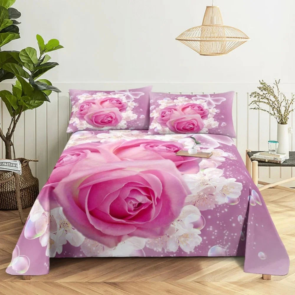Pink Rose Bed Sheet Sets 3D Print Flowers Bed Flat Sheet for Women Girls King Queen Full Twin Size 2/3pcs Bed Linen Room Decor LadyShow.Store