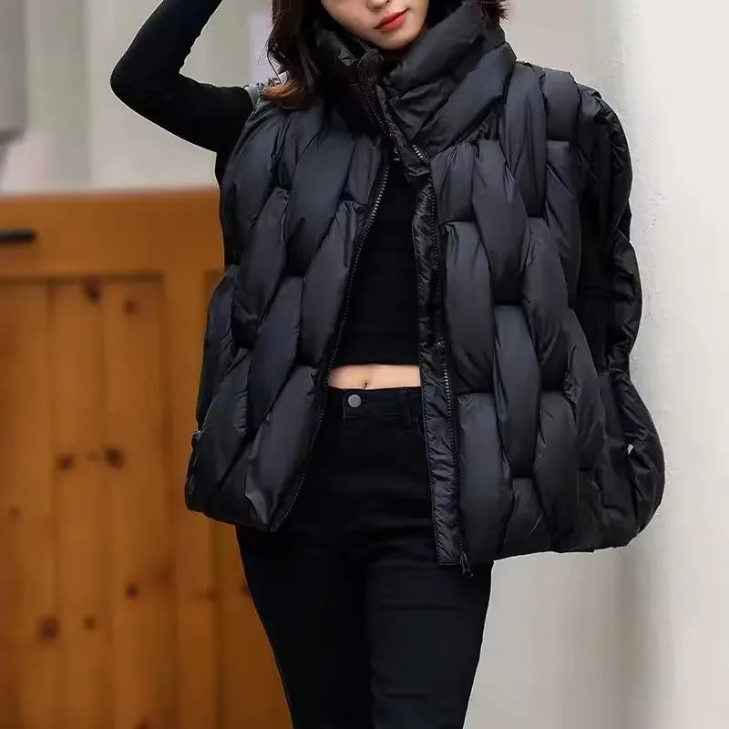 Women Thick Cotton Vest Women Square Weave High Collar Warm Waistcoat Casual  Warm Puffer Bubble Sleeveless Jacket LadyShow.Store