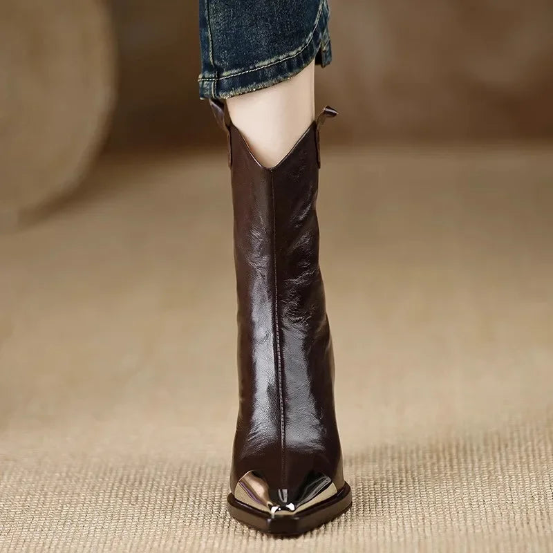 2024 New Metal Square Toe Ankle Boots for Women Fashion Patent Leather Women's Shoes Botas Mujer High Heels Shoes Women Zapatos Pi-Mart