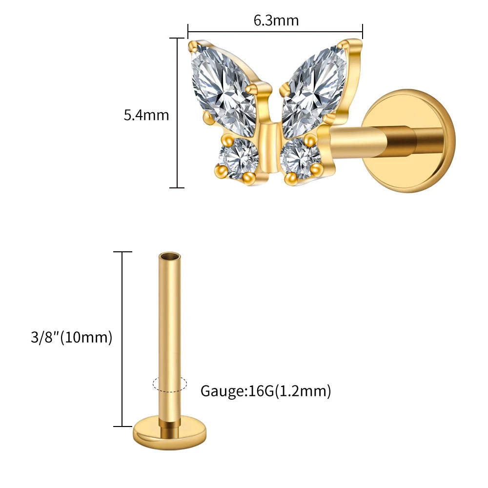 Right Grand ASTM F136 Titanium 16G Mini Butterfly CZ Labret Tragus Cartilage Conch Forward Helix Stud Nose Piercing Body Jewelry Pi-Mart