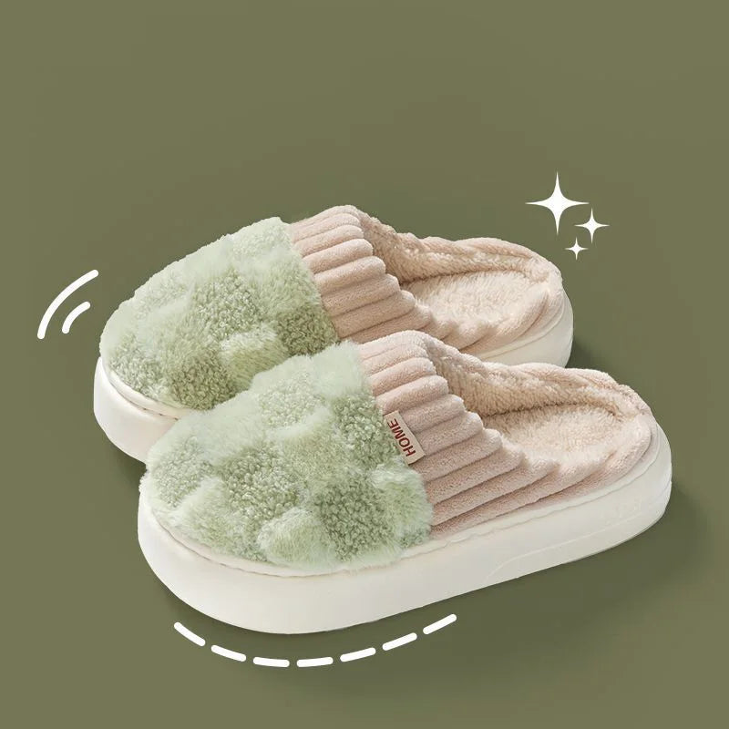 Fashion Couple Winter Slides Warm Plaid Fluffy Slippers Soft Sole Flip Flops For Women And Men Home Indoor Non-slip Cotton Shoes Pi-Mart