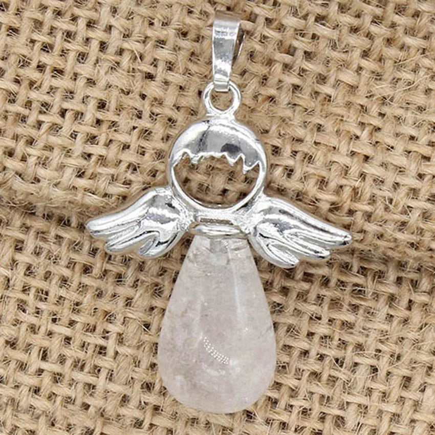Angel Wing Crystal Stone Pendants For Women Necklace DIY Natural Amethyst Rose Quartz Water Drop Necklace Jewelry No Chain Pi-Mart