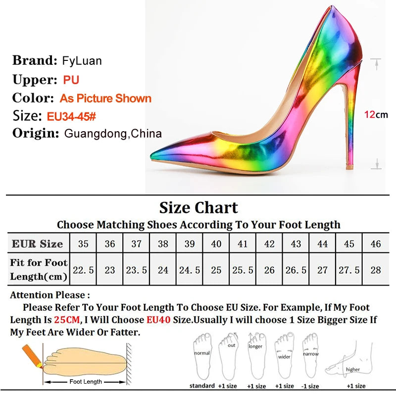 Brand Women High Heels 8-12CM Fashion Iridescent Pointed Toe Single Shoes Woman Thin Heel Summer Glossy Colorful Leather Pumps Pi-Mart