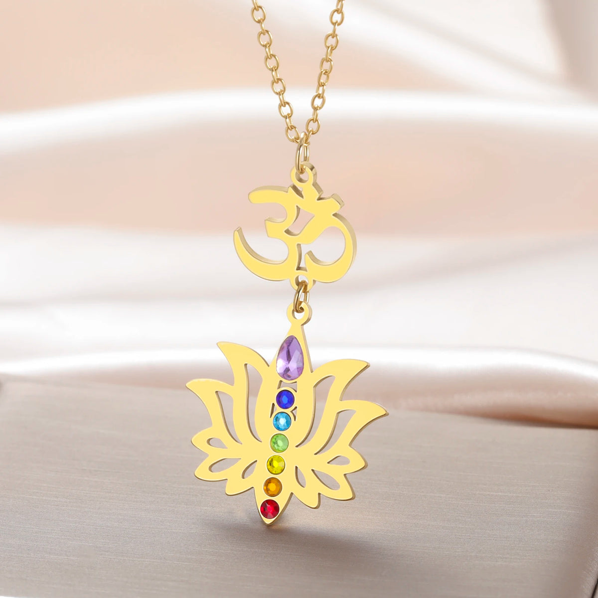 Gold Plated 7 Chakra Lotus Flower Necklace with Om Symbol Spiritual Yoga Jewelry Seven Colorful Zircon Lotus Flower Necklace Pi-Mart