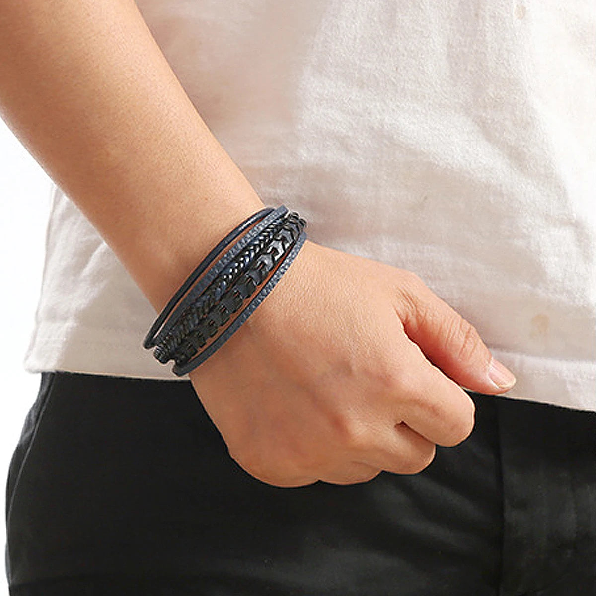 1pc Fashion Accessories MEN'S Multi-layered Vintage Leather Rope Braided Bracelet Alloy Magnetic Buckle Bracelet Pi-Mart