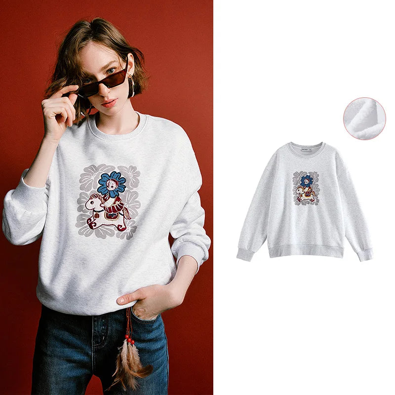 TOYOUTH Mengzhu Daji New Year Co-branded Hoodie for Women 2025 Winter New Pellet Fleece Velvet Loose Year of the Horse Top LadyShow.Store