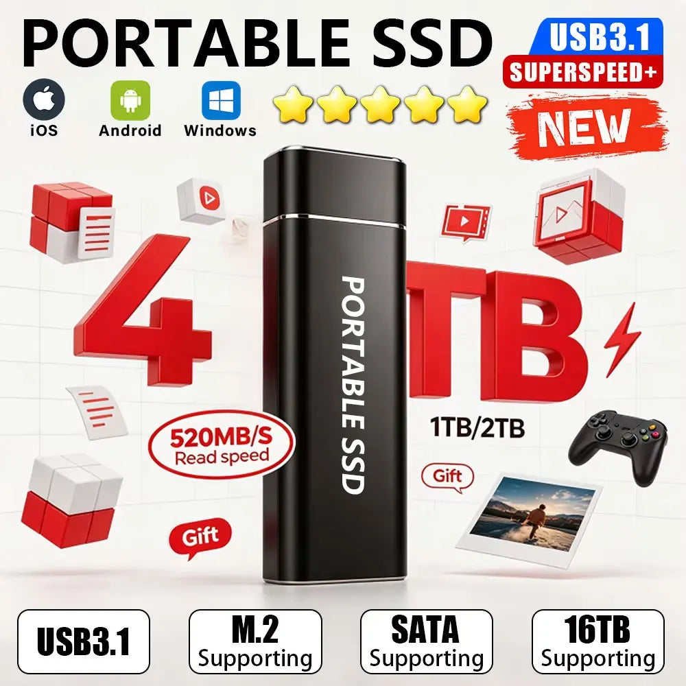 USB 3.1 high-speed external portable hard drive 4TB large capacity portable SSD solid state drive suitable for laptop MAC/PC Pi-Mart