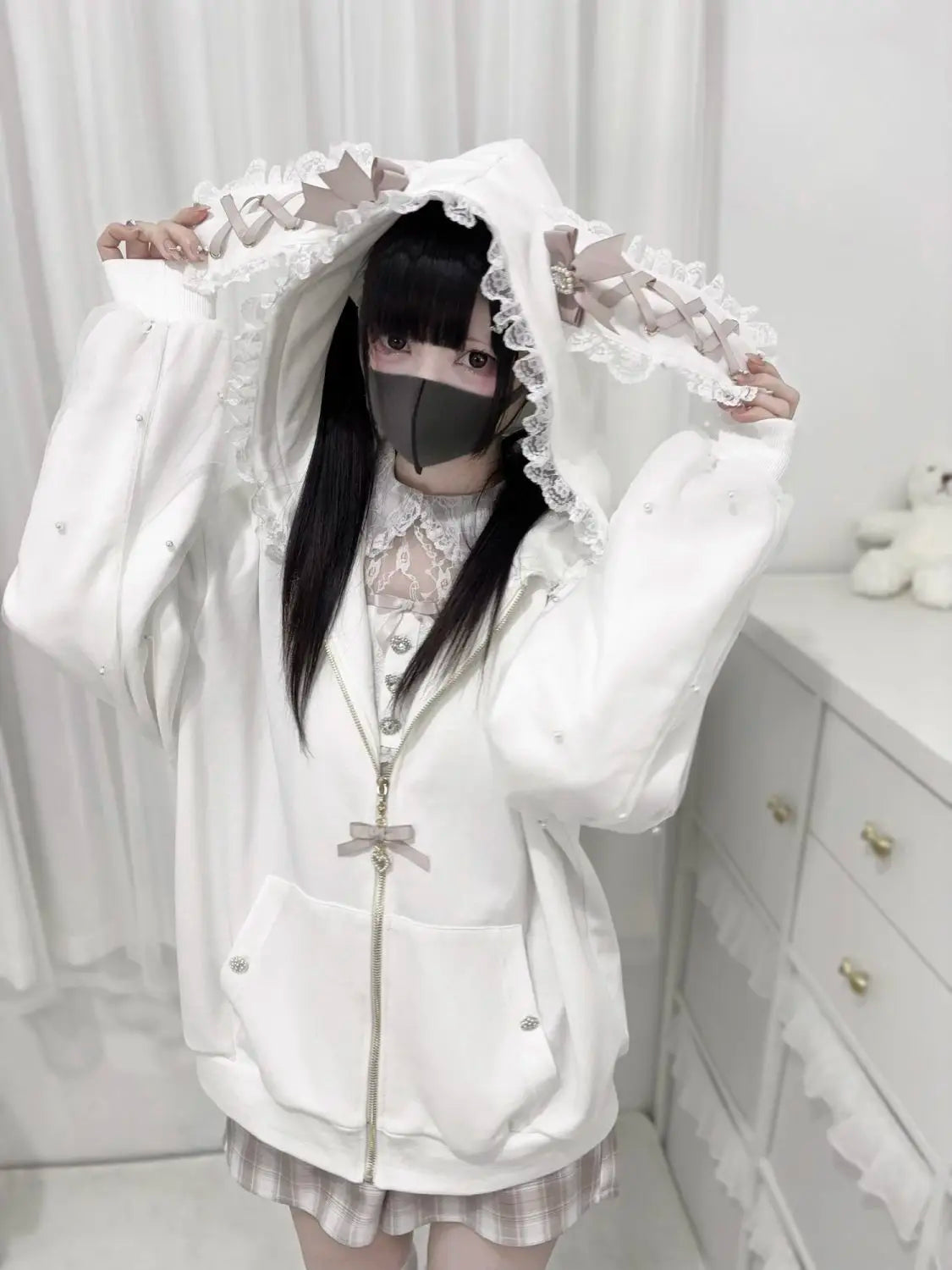 Subculture Japanese Retro Long Sleeve Hoodie Cat Ears Lace Decoration Women Casual Sweatshirt Gothic Y2K Harajuku Autumn Coat LadyShow.Store