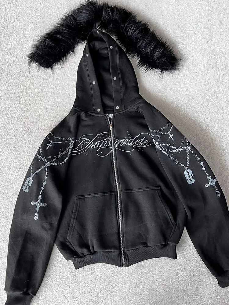 Winter Fashion Streetwear Women's Gothic Punk Faux Fur Hooded Jacket With Cross Print Trendy Edgy Zip - Up Sweatshirt 2026 New LadyShow.Store