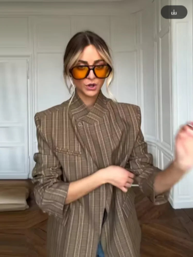 Women Plaid Print Blazer Jacket Fashion Stand Collar Full Sleeve One Button Loose Short Coat Chic Lady Daily Commute Outerwears LadyShow.Store