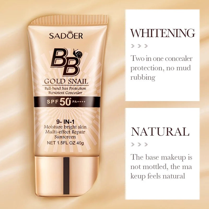 SADOER Gold Snail Sunscreen BB Cream Foundation Concealer Moisturizing Isolation Cream SPF50+PA+++ 40g Tri Light Beauty