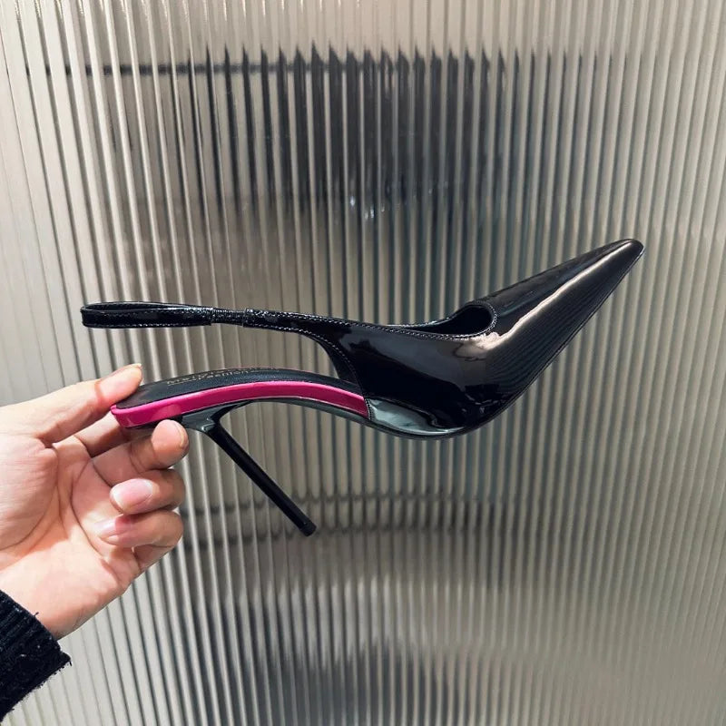New Patent Leather Pointed Back Hollow Thin Heel Women's Sandals High Heels Thin Heel Sexy Back Hollow Temperament Single Shoe Pi-Mart