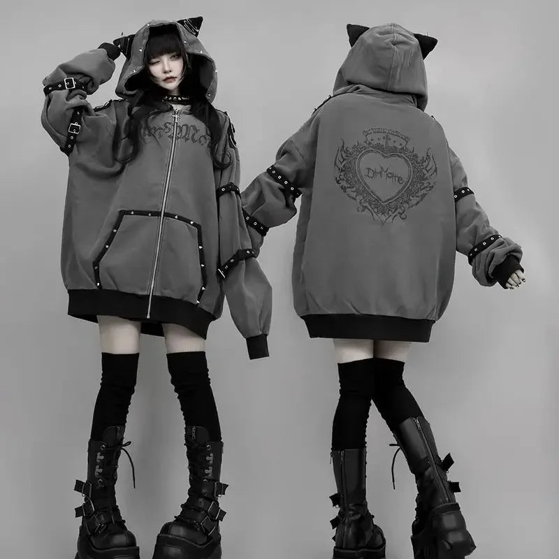 Streetwear Harajuku Hoodies Jackets Women's Clothing Hooded Punk Zipper Coat Japanese Rivet Print Fashion Casual Y2k Sweatshirts LadyShow.Store