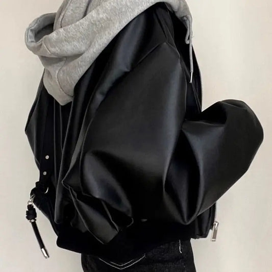 Korean High-end Black PU Leather Jacket Women Fashion Hooded Loose Spring Autumn Zipper Fake Two-Piece Versatile Outerwear LadyShow.Store