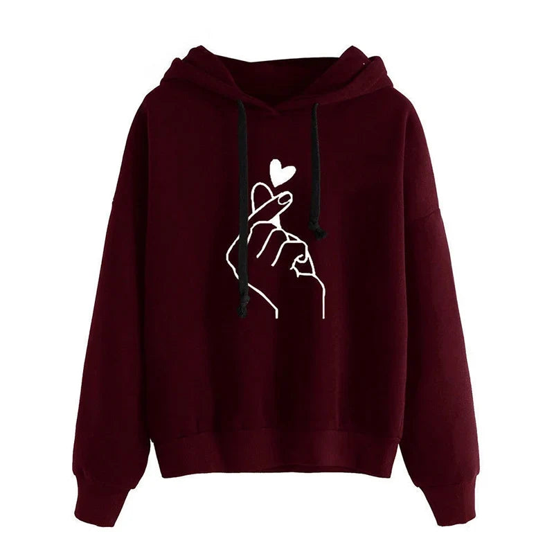Autumn Fleece Hoodie Solid Color Finger Heart Hooded Korean Fashion Sweatshirts Long Sleeve Top Drawstring Pockets Loose Hoodies LadyShow.Store