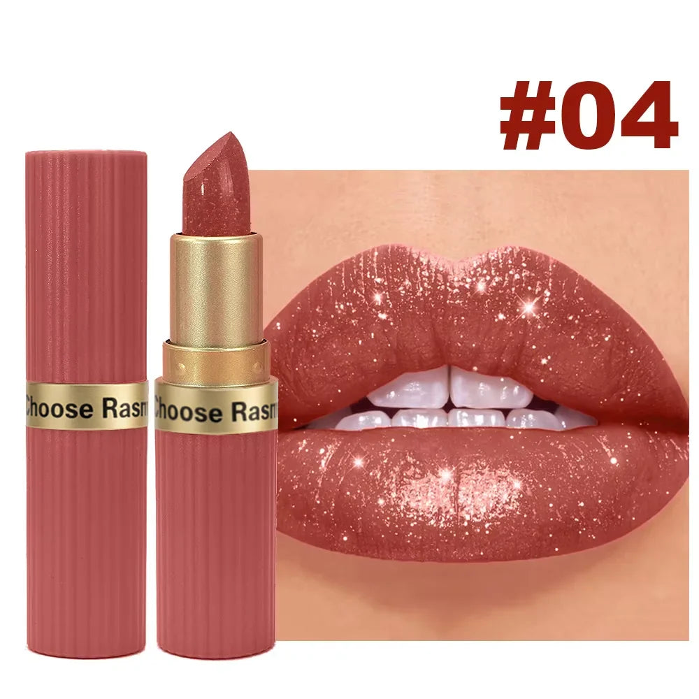Pearlescent Pink Glitter Velvet Lipstick Metallic Waterproof Long Lasting Matte Shimmer Diamond Lipstick Women Makeup Cosmetic LadyShow.Store