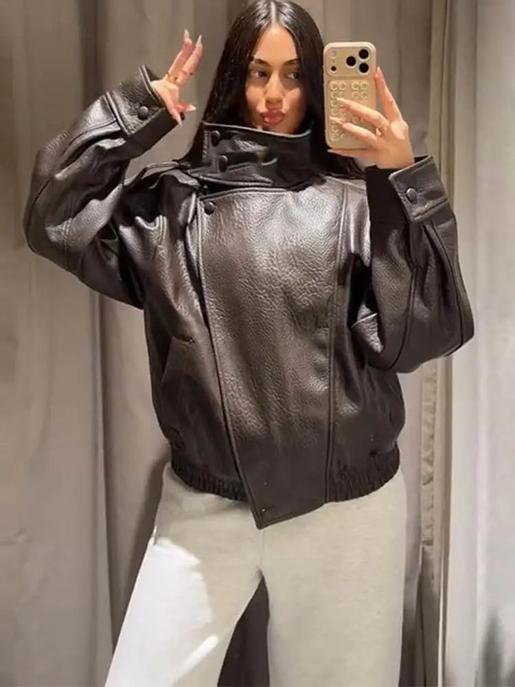 2026 Autumn Women's Faux Leather Jacket Brown Black Long Sleeve Stand Collar Thick Loose Lady Coat Fashion Motorcycle Streetwear LadyShow.Store