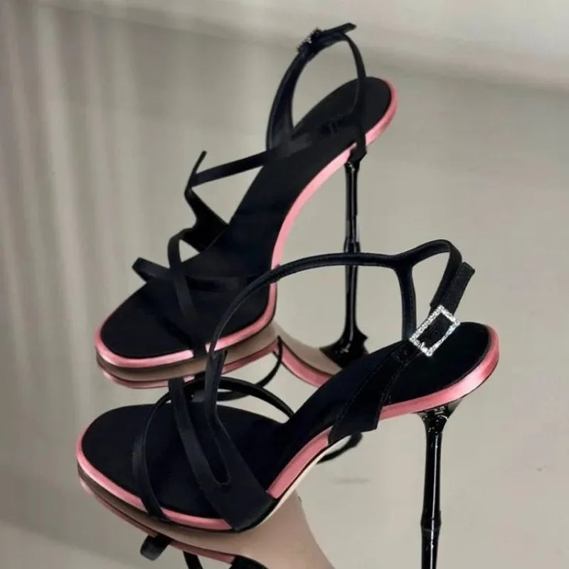 Satin Color Block Stiletto High Heels with One Belt 2025 New Summer Temperament Versatile Sandals LadyShow.Store