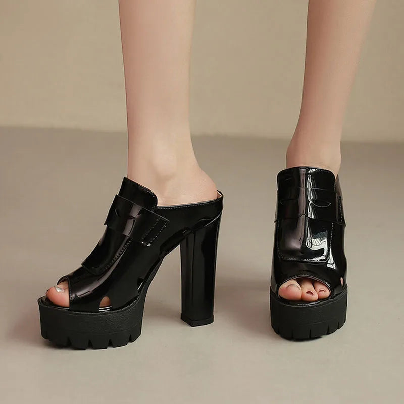 Platform Sandals Women High Heels Slippers Summer Women Shoes Sexy Chunky Heels Slides Patent Leather Zapatillas Mujer WSH5052 LadyShow.Store