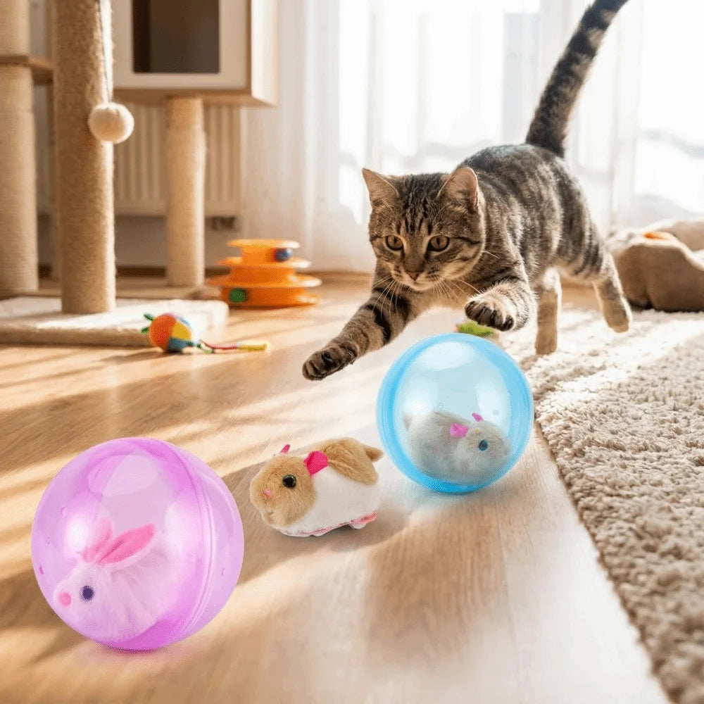 Transparent Cat Chasing Ball Built-in Plush Animal Plastic Interactive Cat Toy Realistic Rabbit Hamster Chasing Ball Pi-Mart