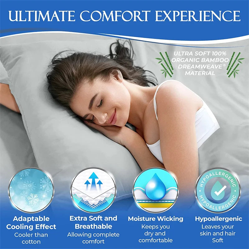 Luxury 100% Bamboo Bed Sheet Set with Fitted Sheets Flat Bedsheet Pillowcase Double Queen King Size Bedding Sets Smooth Silky LadyShow.Store