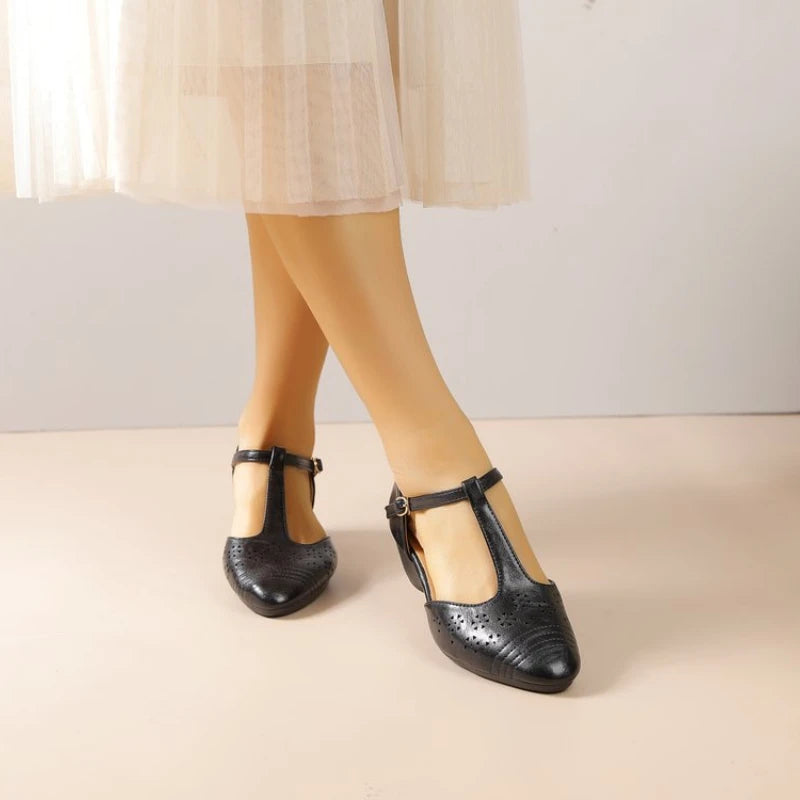 Women's Plus Size Retro Cutout Wedge Loafers, Adjustable T-Strap Breathable Pumps for Summer Daily & Commute Pi-Mart