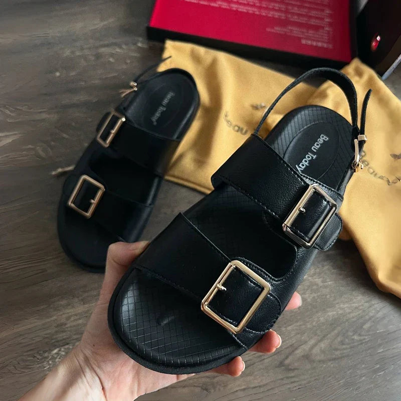 BeauToday Casual Sandals Women Genuine Leather Metal Ankle Buckle Strap Summer Beach Ladies Low Heel Sport Shoes Handmade 38128 LadyShow.Store