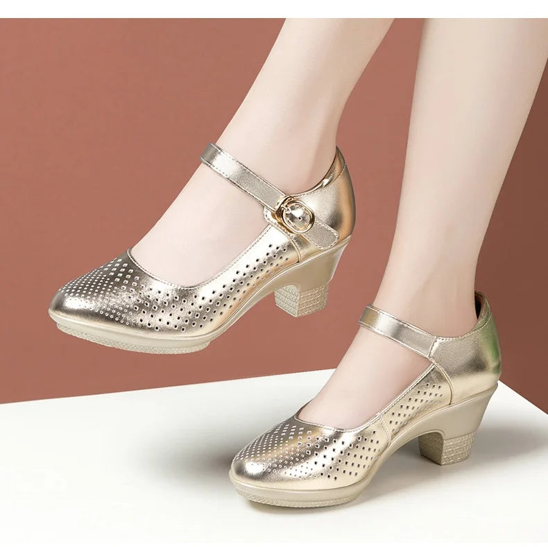 5.5cm 7.5cm Small Size 33 Breathable Cutout Block Heels Shoes Mary Janes 2026 Soft Leather Platform Pumps for Mom Dance Model Pi-Mart