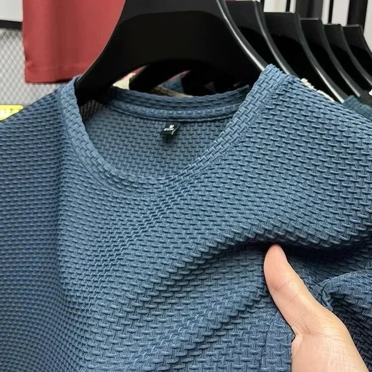 Men's Short Sleeve Mesh Bamboo Ice Silk T-shirt Casual Versatile Summer Elastic Slimming Top for Men Pi-Mart
