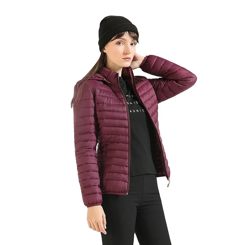 SANTELON Women Fashion Ultralight Padded Puffer Jacket Coat Lady Soild Lightweight Warm Outwear With Detachable Hood Storage Bag LadyShow.Store