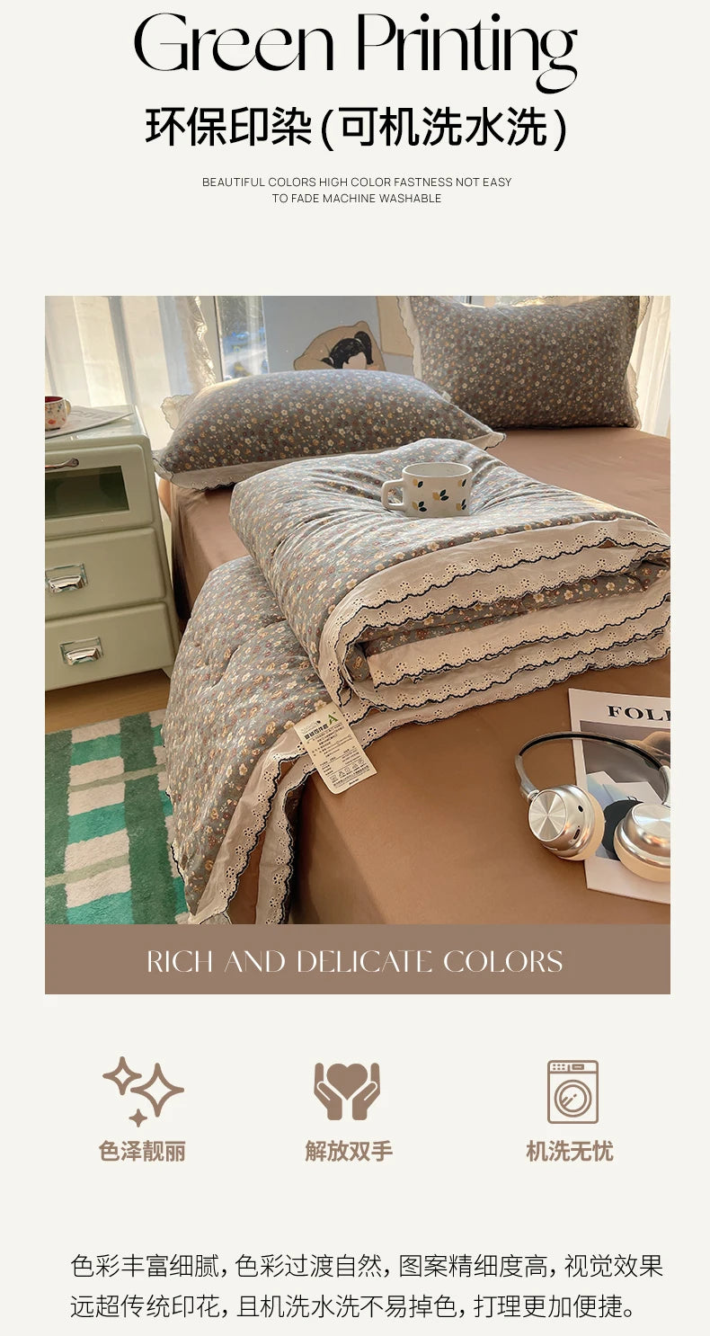Summer Quilt Korean Style Duvet with Lace Single/Queen Size Comforter Flower Printed Quilted Blanket 여름이불 (No Pillowcase) Pi-Mart
