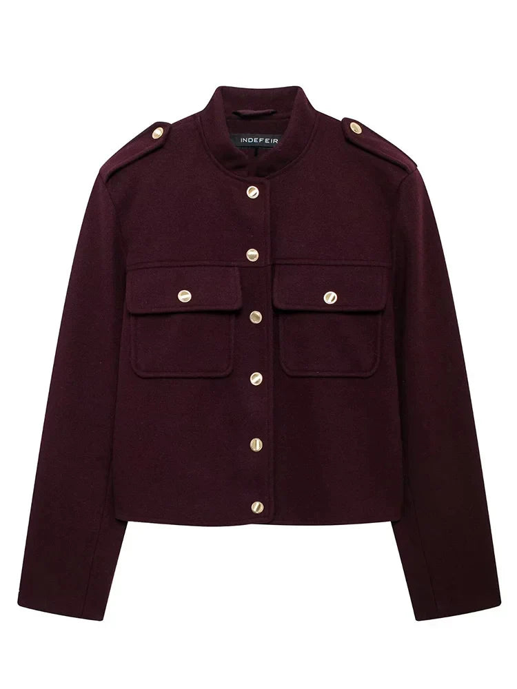 HH 2024 Fashion Women Soft Tweed Bomber Jacket O-Neck Long Sleeve Pockets Buttons Loose Woolen Coat Female Streetwear LadyShow.Store