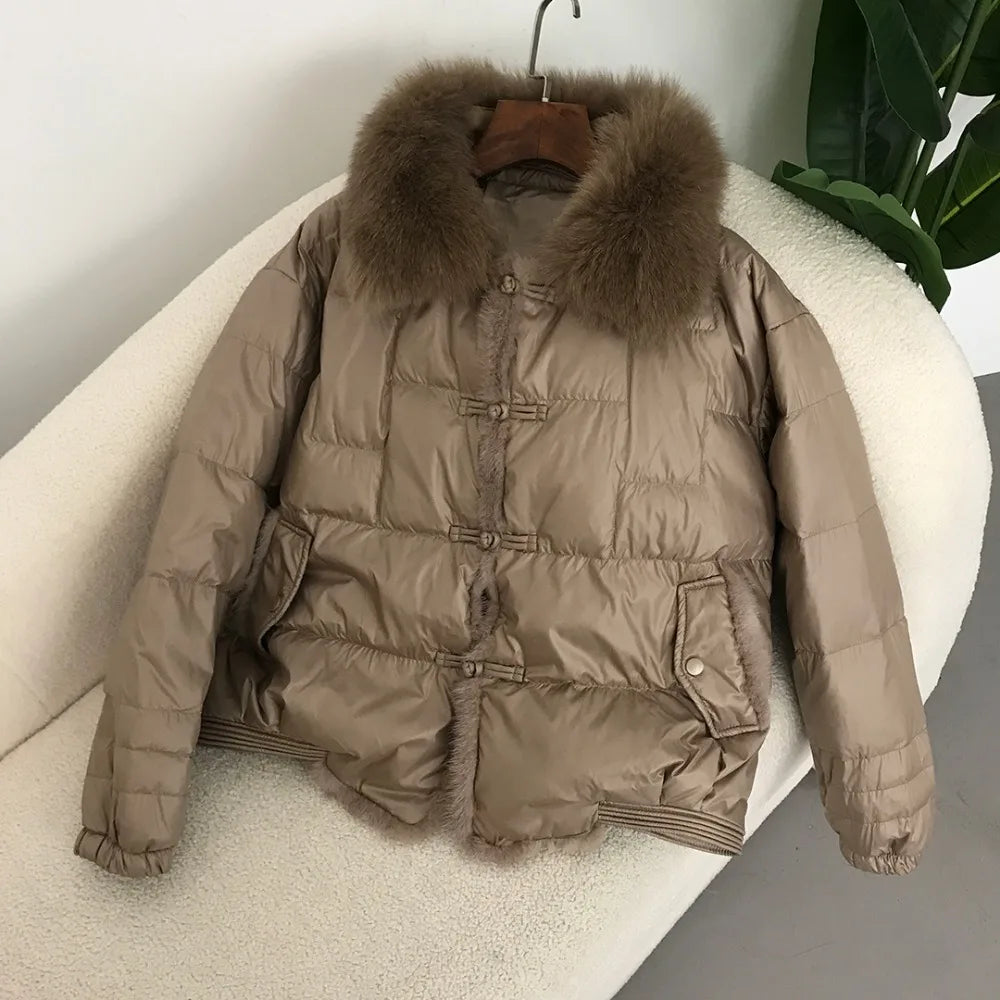 Real Fox Mink Fur Collar Coat Winter Women White Duck Down Jacket Ladies Short Warm Puffer Female Loose Vintage Parka Outerwear LadyShow.Store