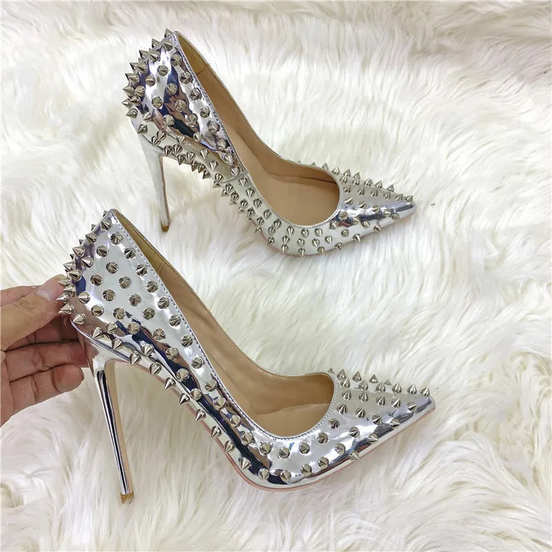Women New Rivet High Heels 12CM Fashion Pointed Toe Party Single Shoes Europe And America Club Stage Pumps Silver Plus Size 43 Pi-Mart